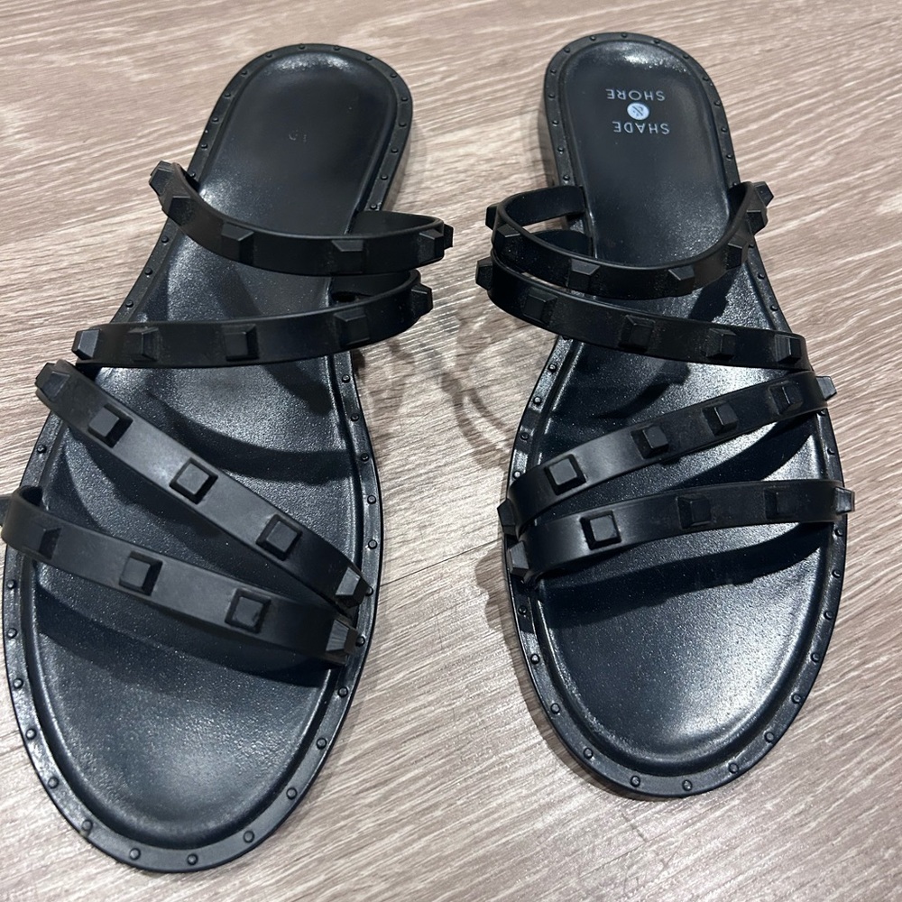 Shade And Shore Liv Womens Studded Strap Black Slide Sandals